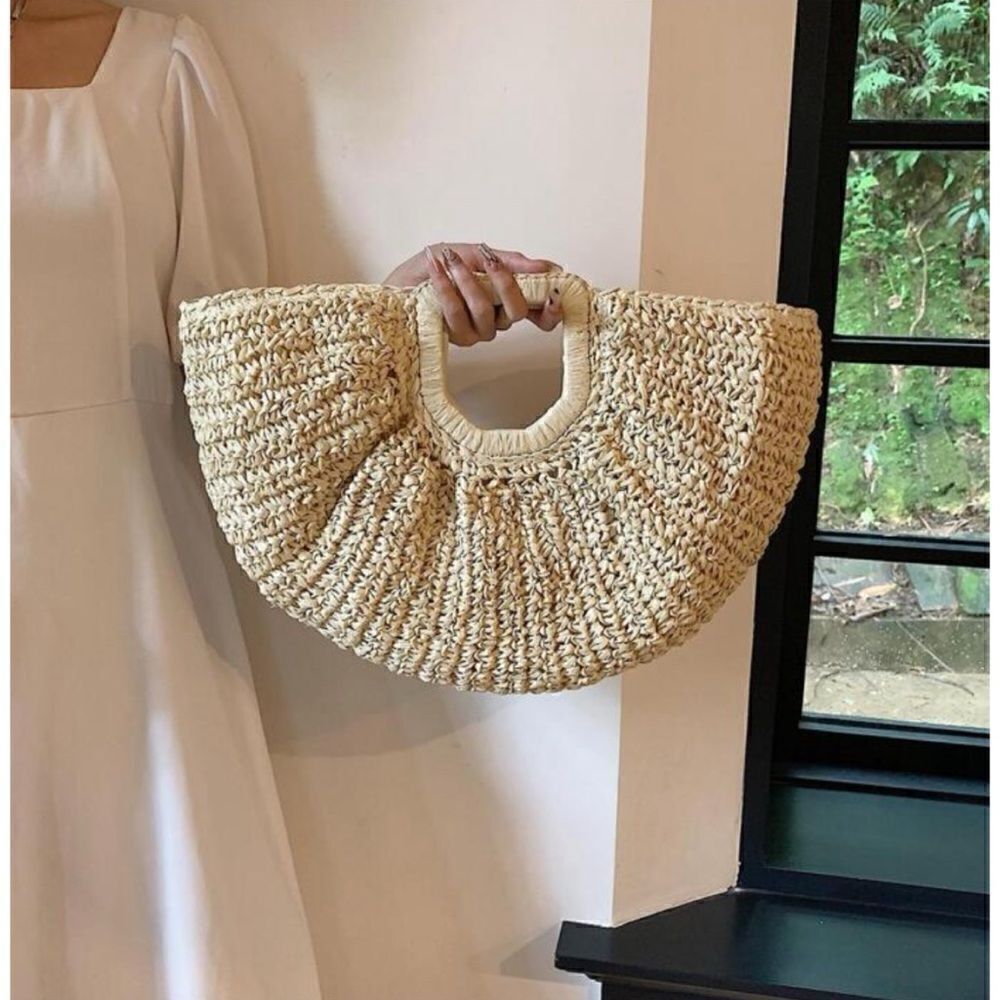 Lulla Collection Saint Tropez  half moon crochet Straw clutch bag in cream ho